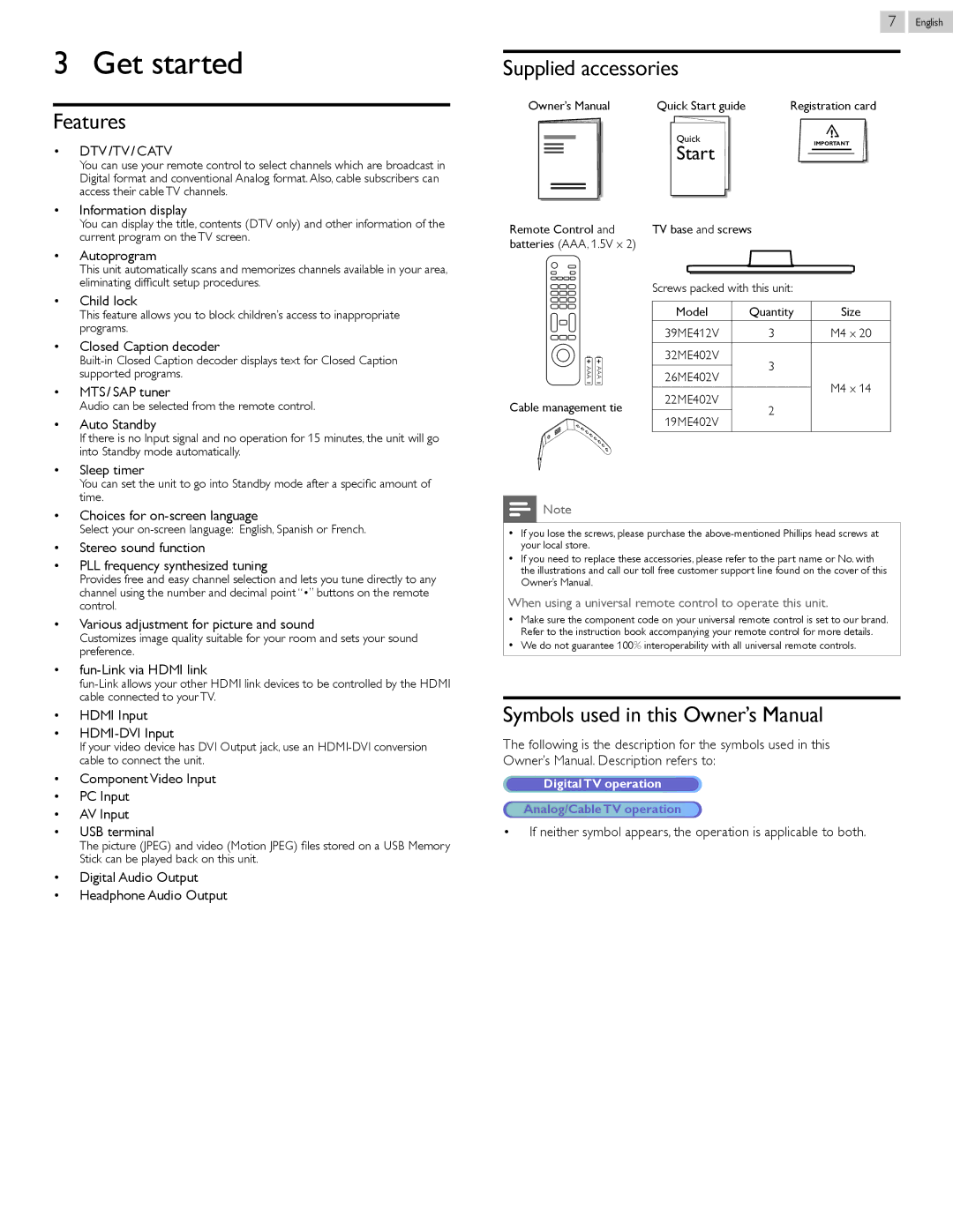 Magnavox 39ME412V, 26ME402V owner manual Get started, Supplied accessories Features, Dtv /Tv / Catv 